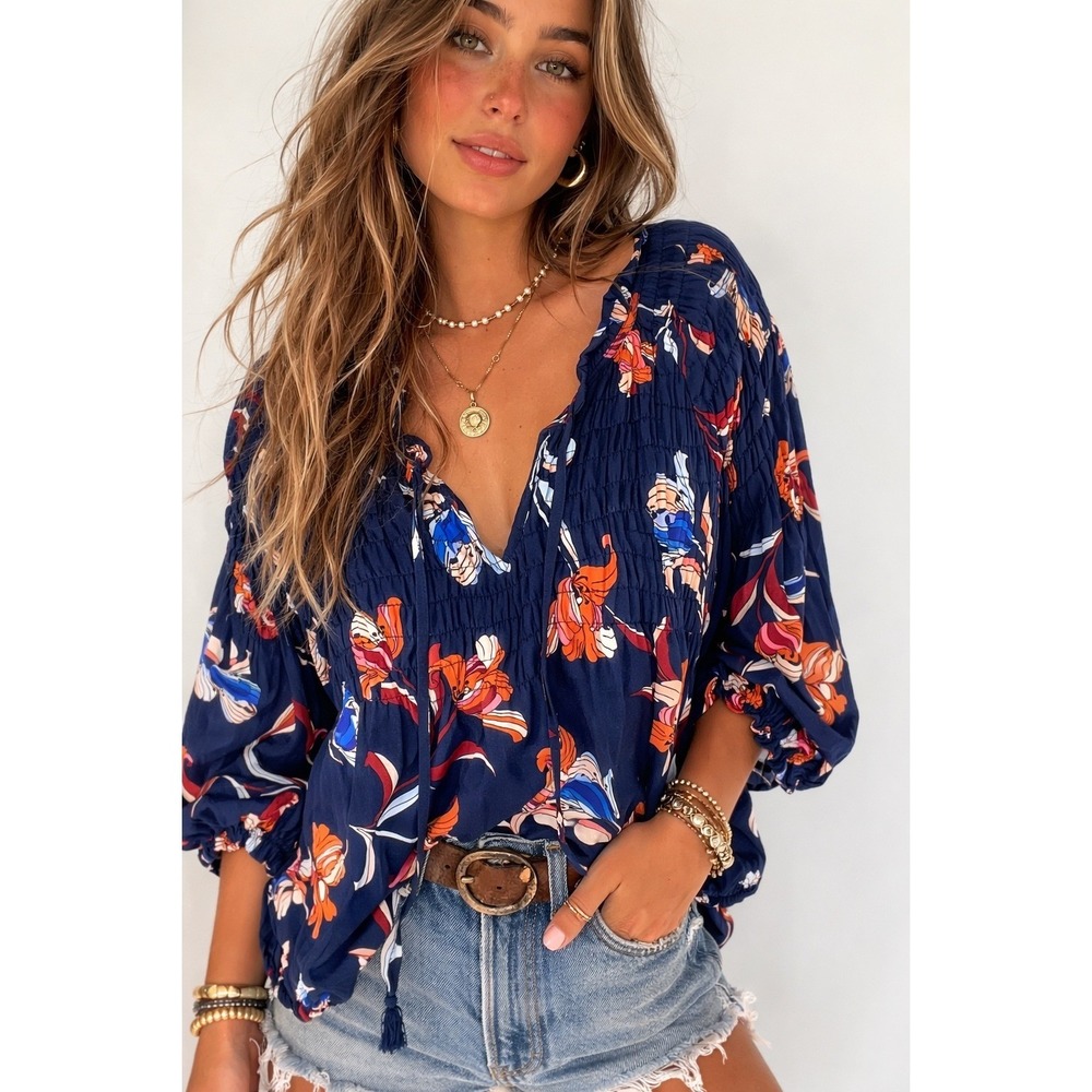 a.n.a Navy Floral Boho Peasant Blouse Smocked V Neck Top Womens M